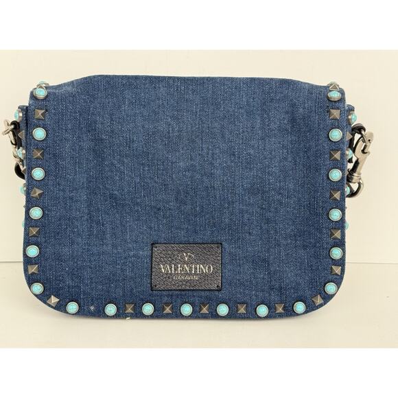 Valentino Rolling Rockstud Denim and Leather Shoulder Bag with Multicolor Strap - Picture 5 of 16